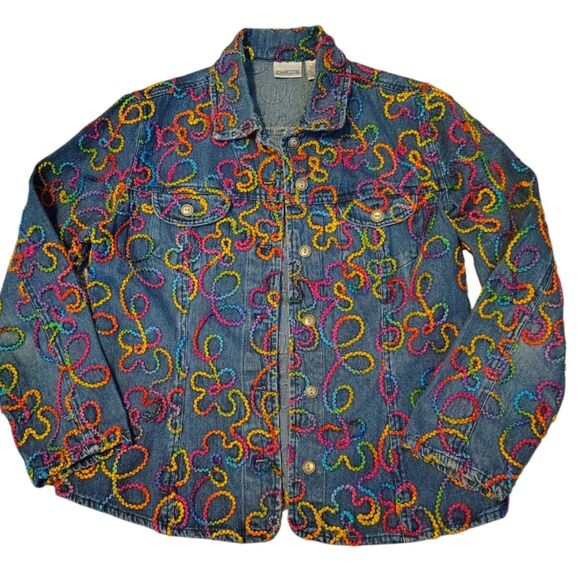 Chico's Colorful Long Sleeve Blue Denim Jacket Embroidery Artwork Size M/8 - Picture 3 of 14